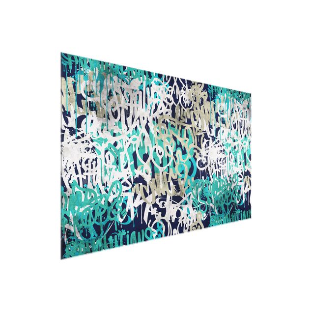 Glasschilderijen - Graffiti Art Tagged Wall Turquoise
