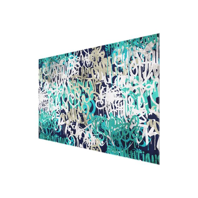 Glasschilderijen - Graffiti Art Tagged Wall Turquoise