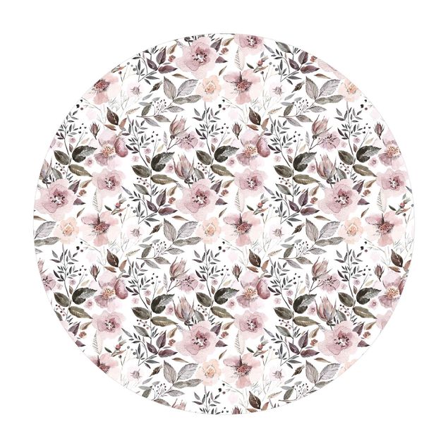 Rond vinyl tapijt Gray Leaves With Watercolour Flowers