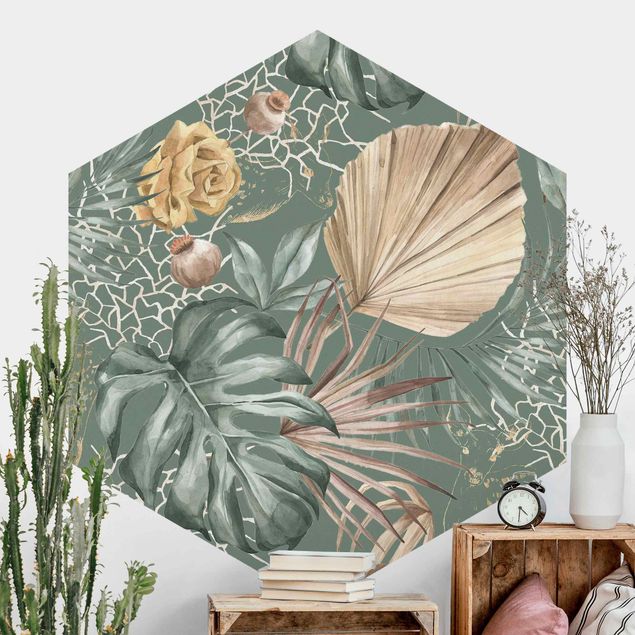 Hexagon Behang Large Leaves With Roses In Front Of Green