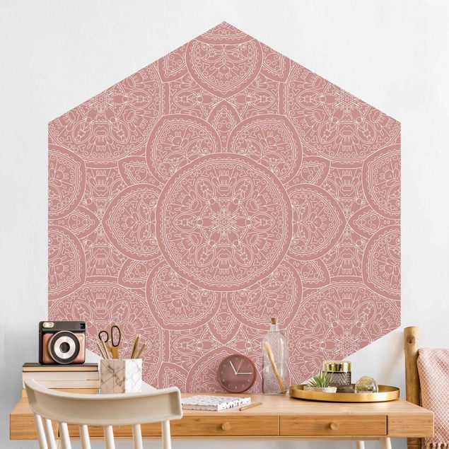 Hexagon Behang Large Mandala Pattern In Antique Pink