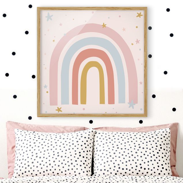 Ingelijste posters Big Rainbow With Stars And Dots