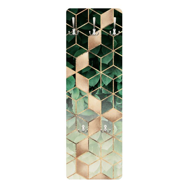 Wandkapstokken houten paneel - Green Leaves Golden Geometry