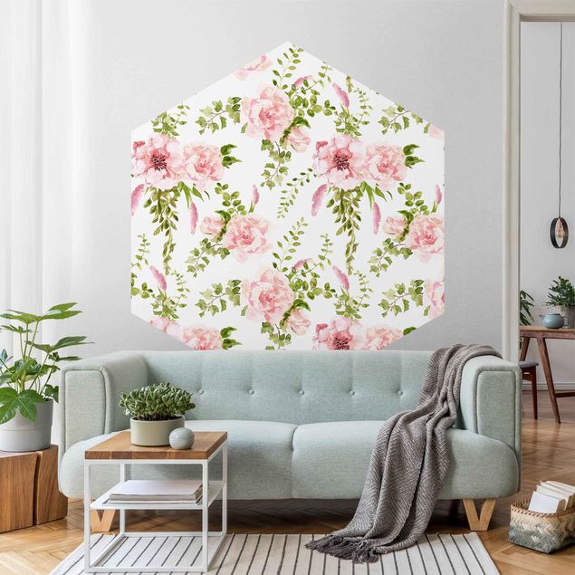 Hexagon Behang Green Leaves With Pink Flowers In Watercolour
