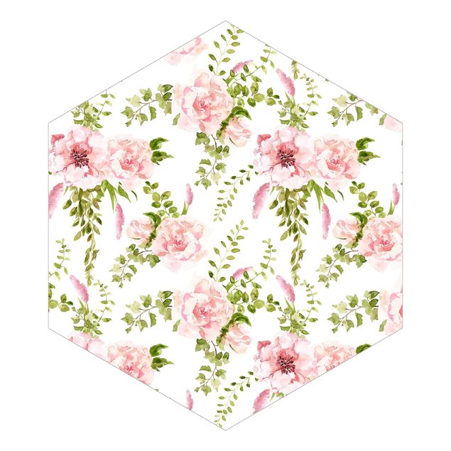 Hexagon Behang Green Leaves With Pink Flowers In Watercolour