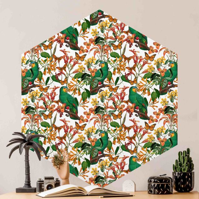 Hexagon Behang Green Parrots With Tropical Butterflies