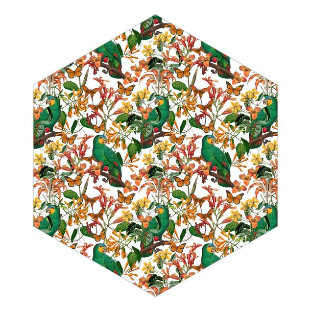 Hexagon Behang Green Parrots With Tropical Butterflies