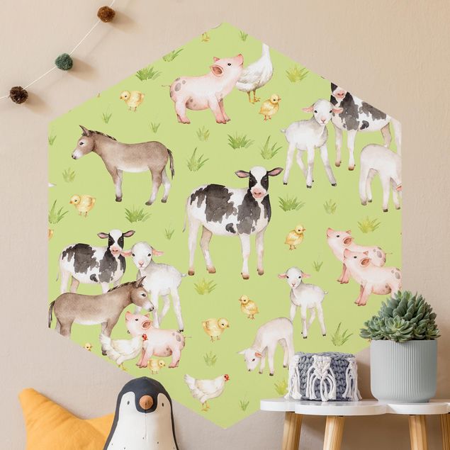 Hexagon Behang Green Meadow With Cows And Chickens