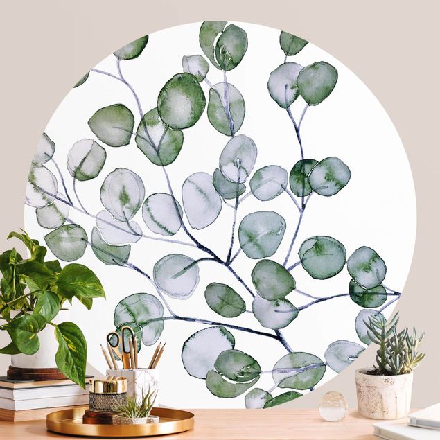 Behangcirkel Green Watercolour Eucalyptus Branch