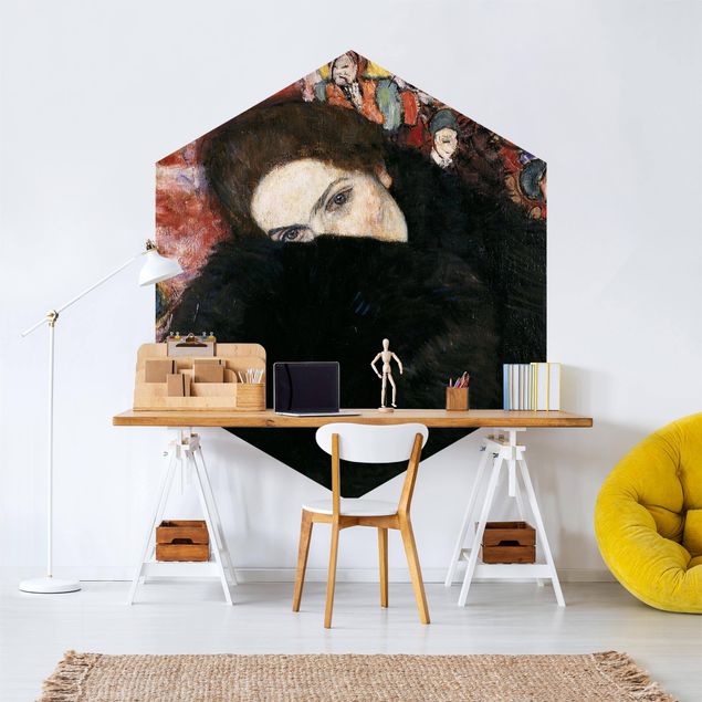 Hexagon Behang Gustav Klimt - Lady With A Muff