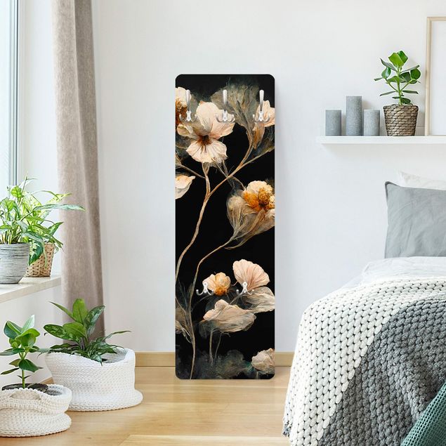 Wandkapstokken houten paneel - Light Coloured Flowers On Black