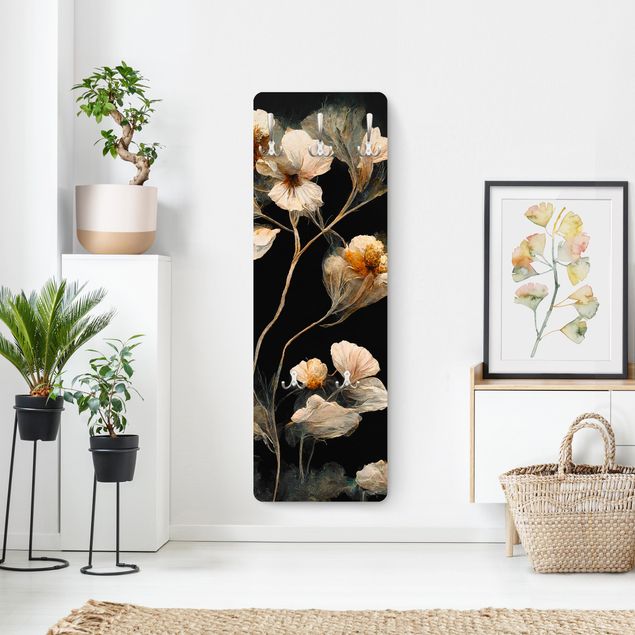 Wandkapstokken houten paneel - Light Coloured Flowers On Black