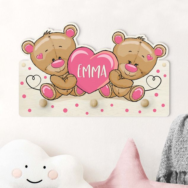Wandkapstokken voor kinderen Heart Bears With Customised Name Pink