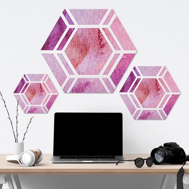 Hexagons Aluminium Dibond schilderijen Hexagonal Dreams Watercolour In Berry