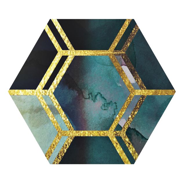 Hexagons Aluminium Dibond schilderijen Hexagonal Dreams Watercolour With Gold