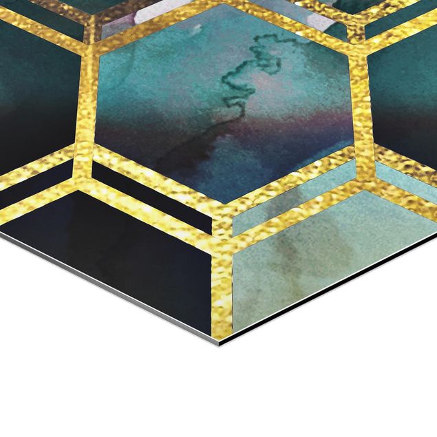 Hexagons Aluminium Dibond schilderijen Hexagonal Dreams Watercolour With Gold