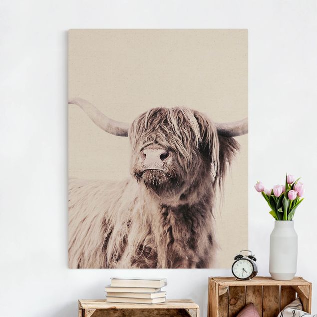 Canvas schilderijen - Goud Highland Cattle Frida In Beige