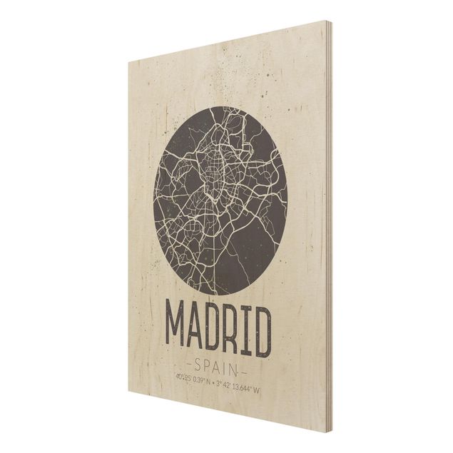 Houten schilderijen Madrid City Map - Retro