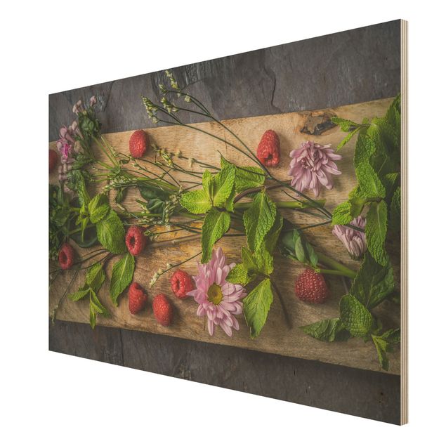 Houten schilderijen Flowers Raspberries Mint