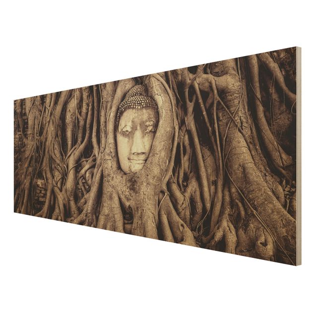 Houten schilderijen Buddha In Ayutthaya Lined From Tree Roots In Brown