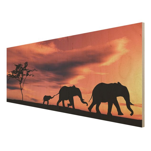 Houten schilderijen Savannah Elephant Family
