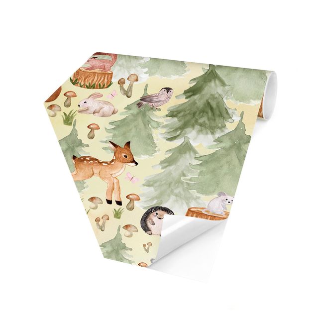 Hexagon Behang Hedgehog And Fox With Trees Green