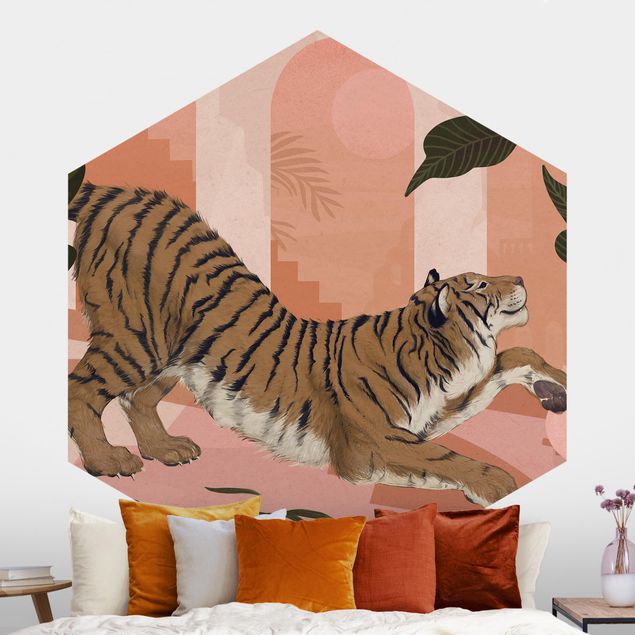 Hexagon Behang Illustration Tiger In Pastel Pink Painting