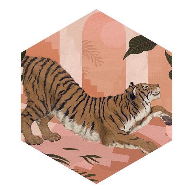 Hexagon Behang Illustration Tiger In Pastel Pink Painting