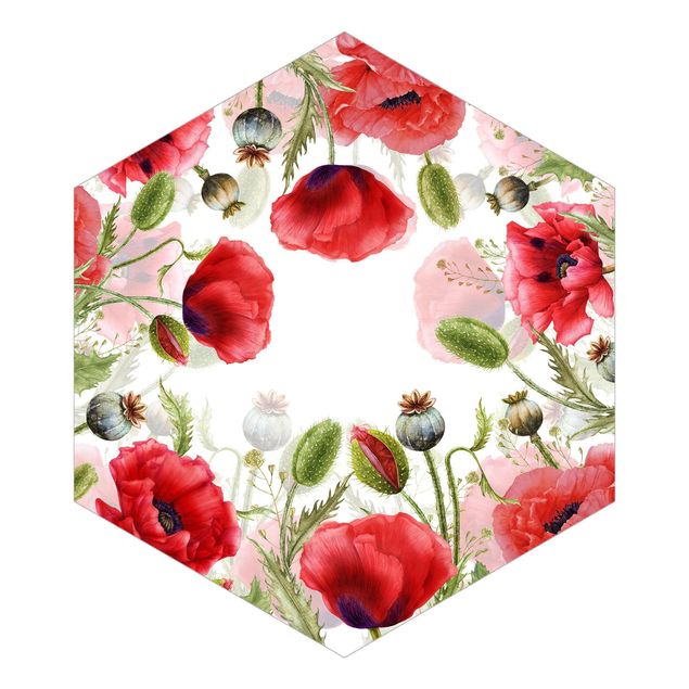 Hexagon Behang Illustrated Poppies