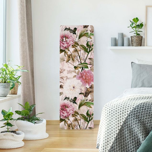 Wandkapstokken houten paneel - Illustrated Peonies In Light Pink