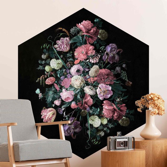 Hexagon Behang Jan Davidsz De Heem - Dark Flower Bouquet