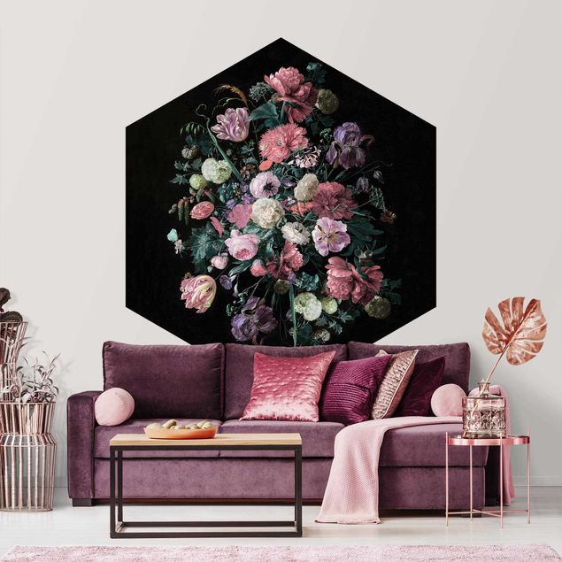 Hexagon Behang Jan Davidsz De Heem - Dark Flower Bouquet