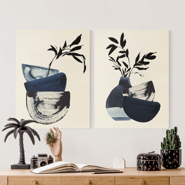 Natuurlijk canvas schilderijen - 2-delig  Japandi Watercolour - Tableware With Branches