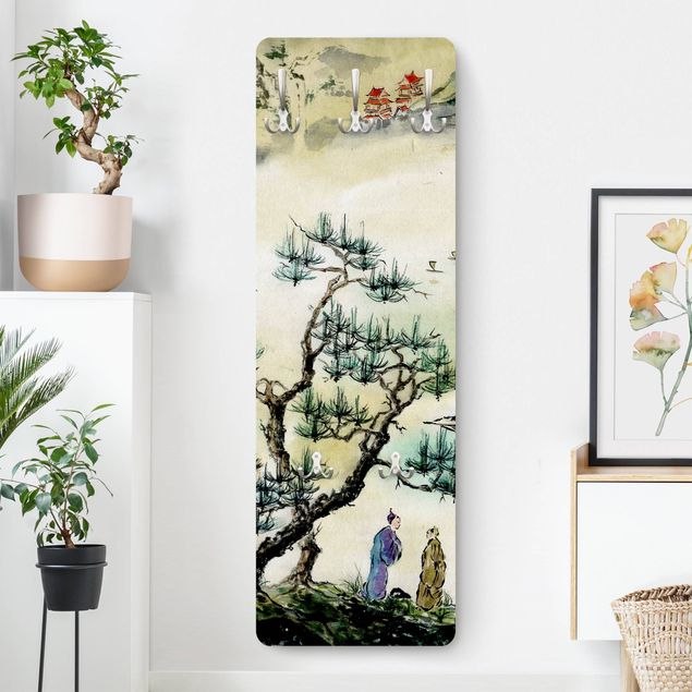Wandkapstokken houten paneel Japanese Watercolour Drawing Pine And Mountain Village