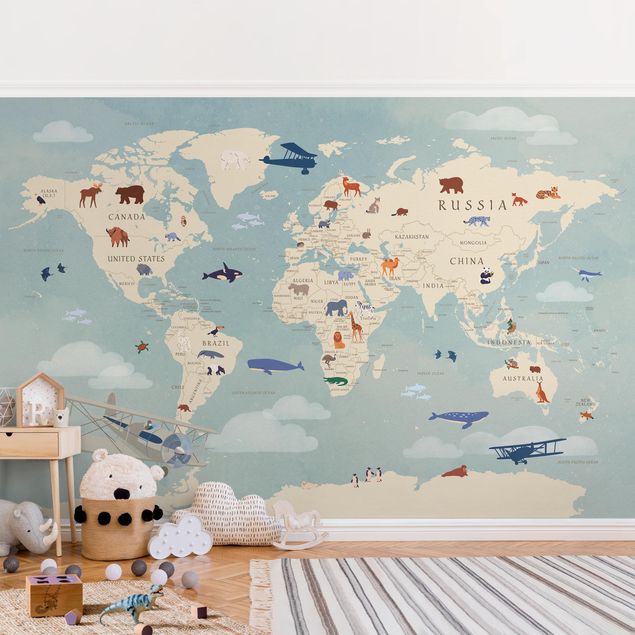 Fotobehang - Map With With Animals Of The World