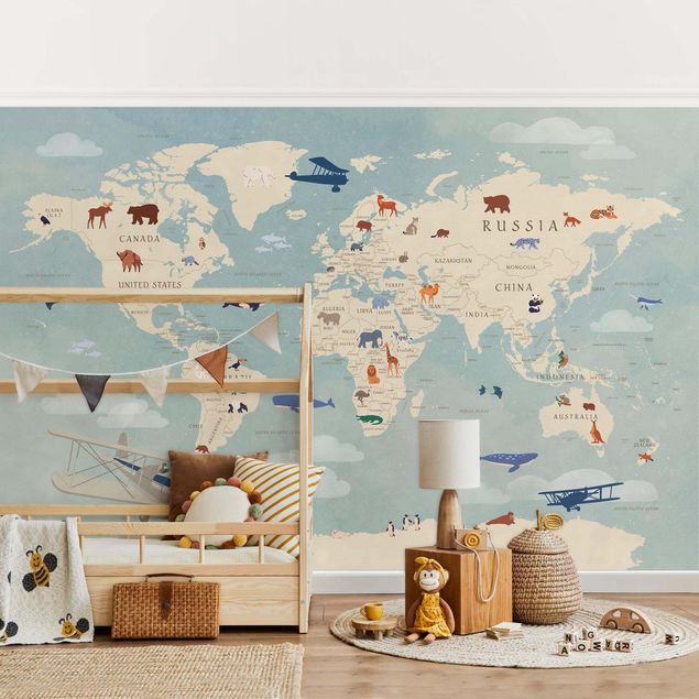 Fotobehang - Map With With Animals Of The World
