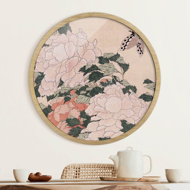 Gerahmte Bilder Rund Katsushika Hokusai - Pink Peonies With Butterfly