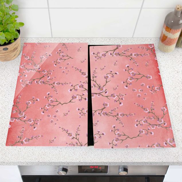 Kookplaat afdekplaten Cherry Blossoms On Red