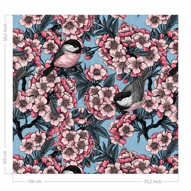 bloem gordijnen Cherry Blossoms And Birds