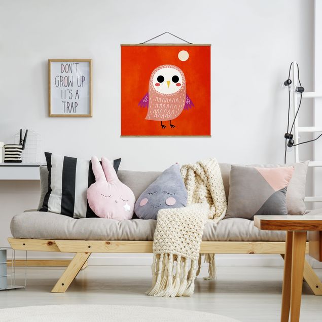Stoffen schilderij met posterlijst Little Owl At Red Night