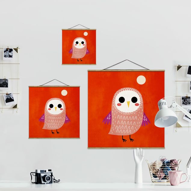 Stoffen schilderij met posterlijst Little Owl At Red Night