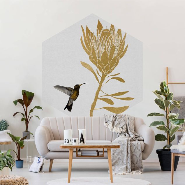 Hexagon Behang Hummingbird And Tropical Golden Blossom