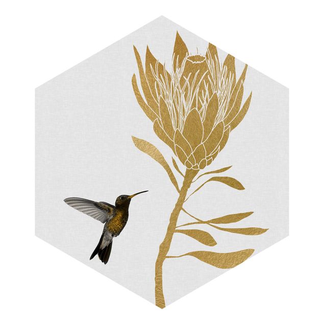 Hexagon Behang Hummingbird And Tropical Golden Blossom