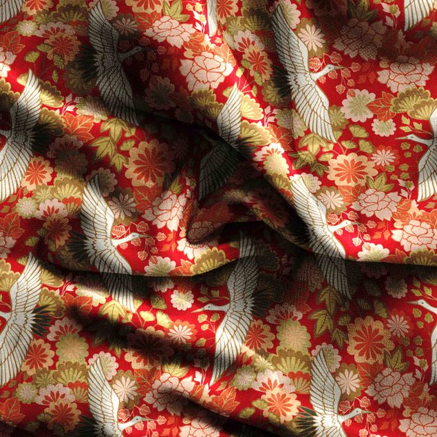gordijnen patronen Cranes And Chrysanthemums Red