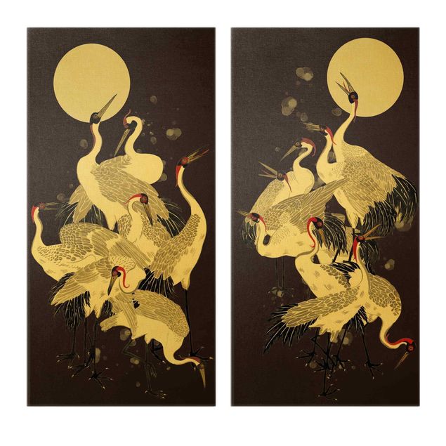 Canvas schilderijen - 2-delig  Cranes In Front Of Moon Duo