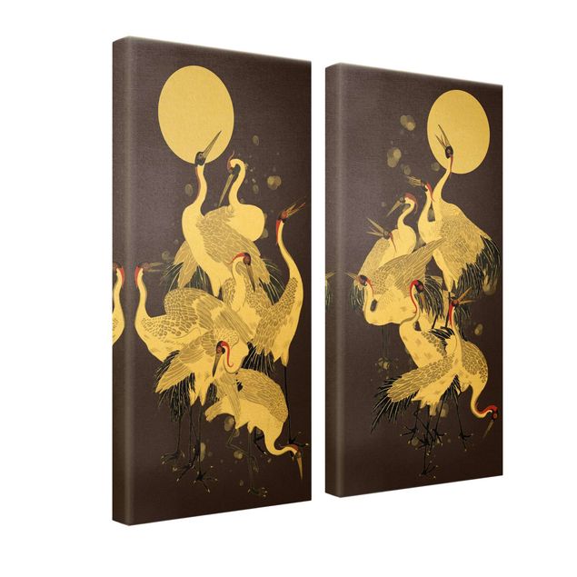 Canvas schilderijen - 2-delig  Cranes In Front Of Moon Duo