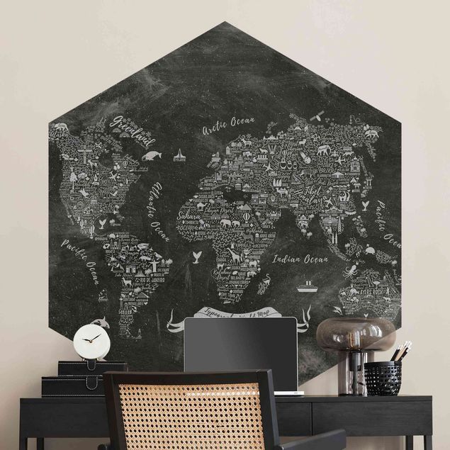 Hexagon Behang Chalk Typography World Map