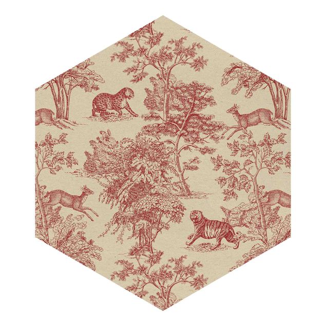 Hexagon Behang Copper Engraving Impression - Jaguar With Deer On Nature Paper