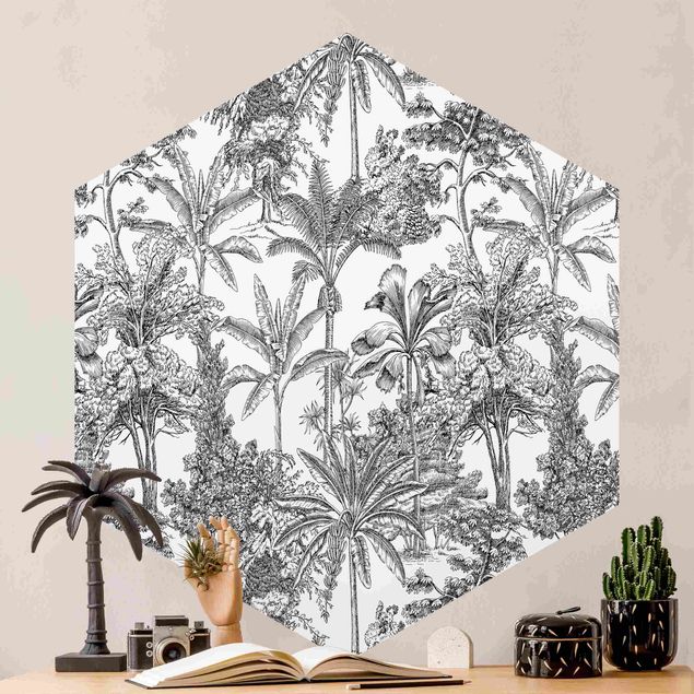 Hexagon Behang Copper Engraving Impression - Tropical Palm Trees