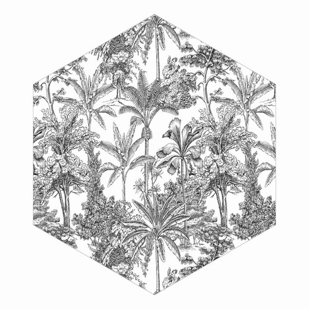 Hexagon Behang Copper Engraving Impression - Tropical Palm Trees